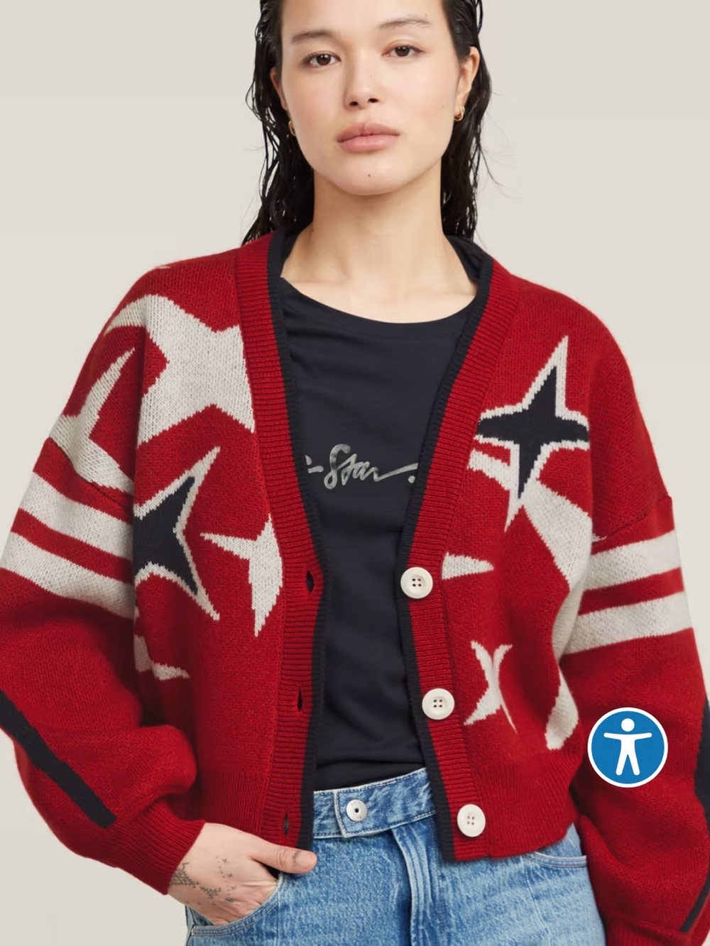 G-Star Holiday Red Star-Patterned V-Neck Cardigan Sweater